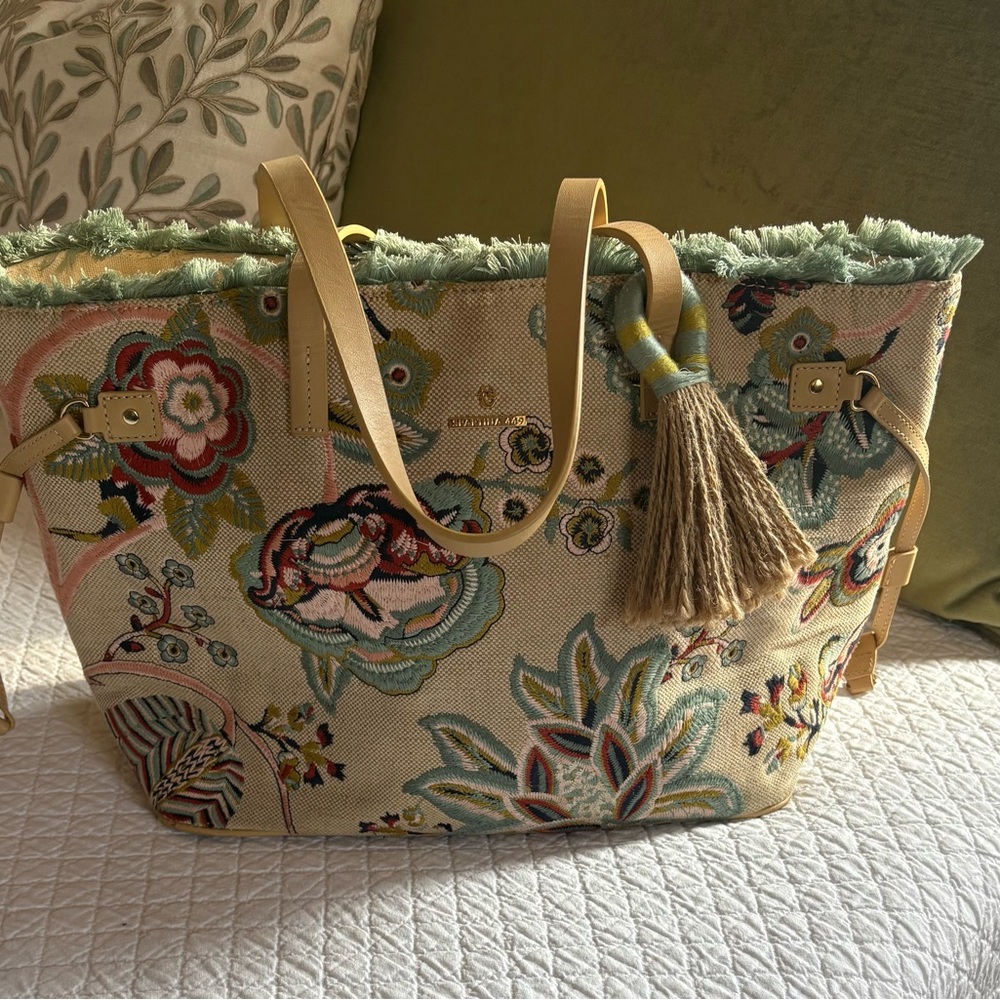 Spartina 449 Floral Embroidered Tote with Tan Handles